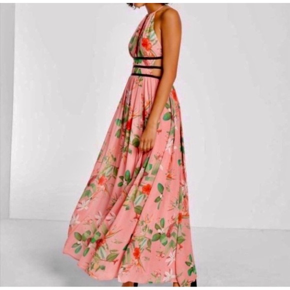 Express Dresses & Skirts - Express‎ Pink Tropical Floral Cutout Halter Maxi Dress Boho Resort Size M Flowy!